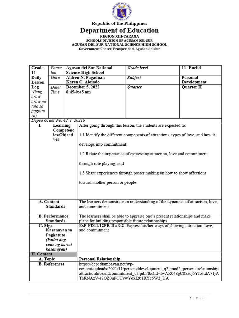 Grade 11 Personal Development Lesson Plan | PDF | Attachment Theory | Love