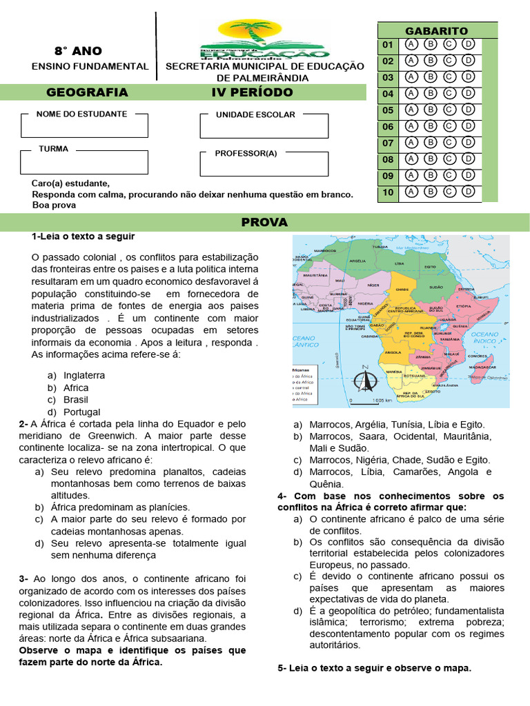 Respostas da Prova de Geografia 8° Ano | PDF | África | Europa