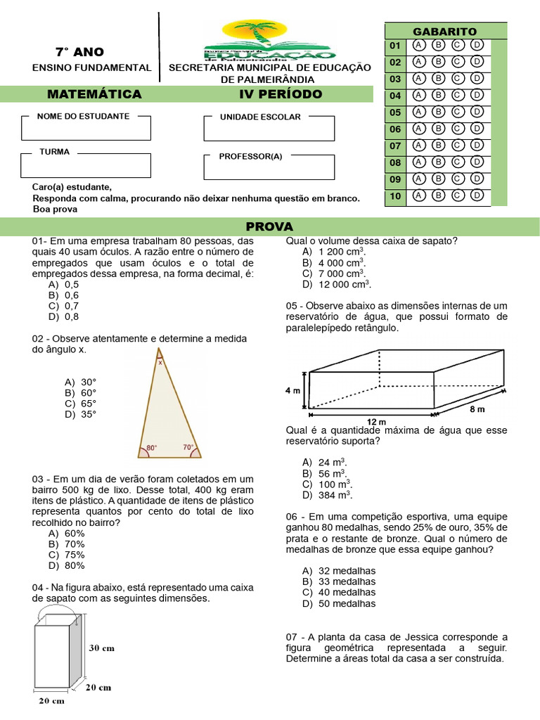 Prova de Matemática 7º Ano - Questões e Gabarito | PDF