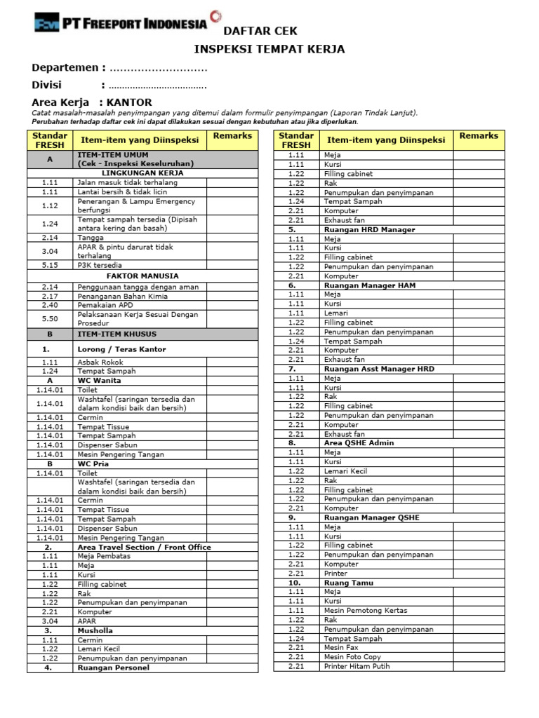 Cek Inspeksi Tempat Kerja Kantor | PDF