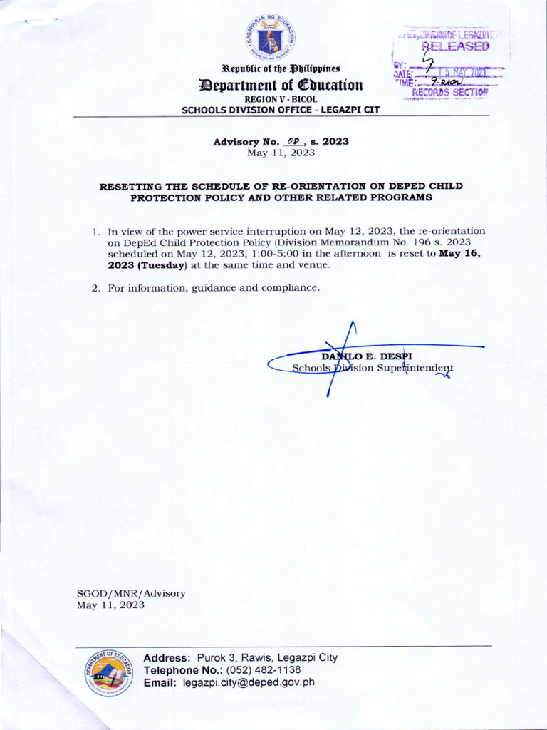Advisory No 08 S 2023 Resetting The Schedule Of Re Orientation On