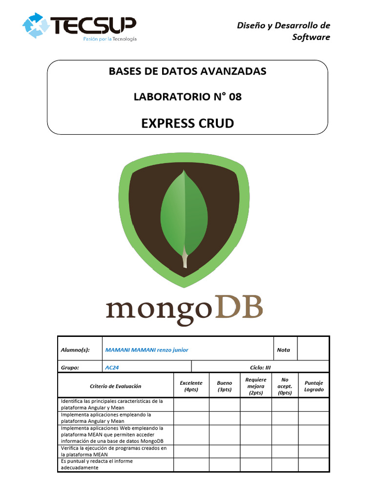 Lab08 BDAV MAMANI.mamaNI.renzo.junior Express Crud 3C24A | PDF | Mongo ...