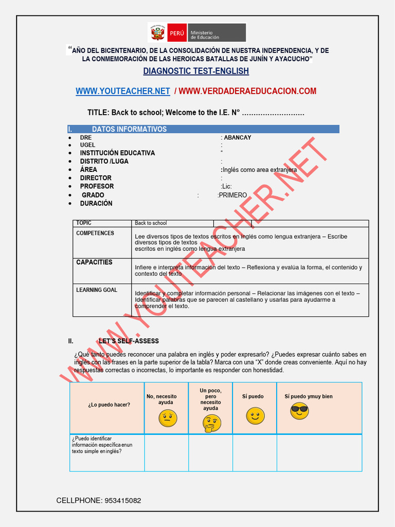 Test de diagnóstico de inglés para primaria | PDF | Idiomas del Reino ...
