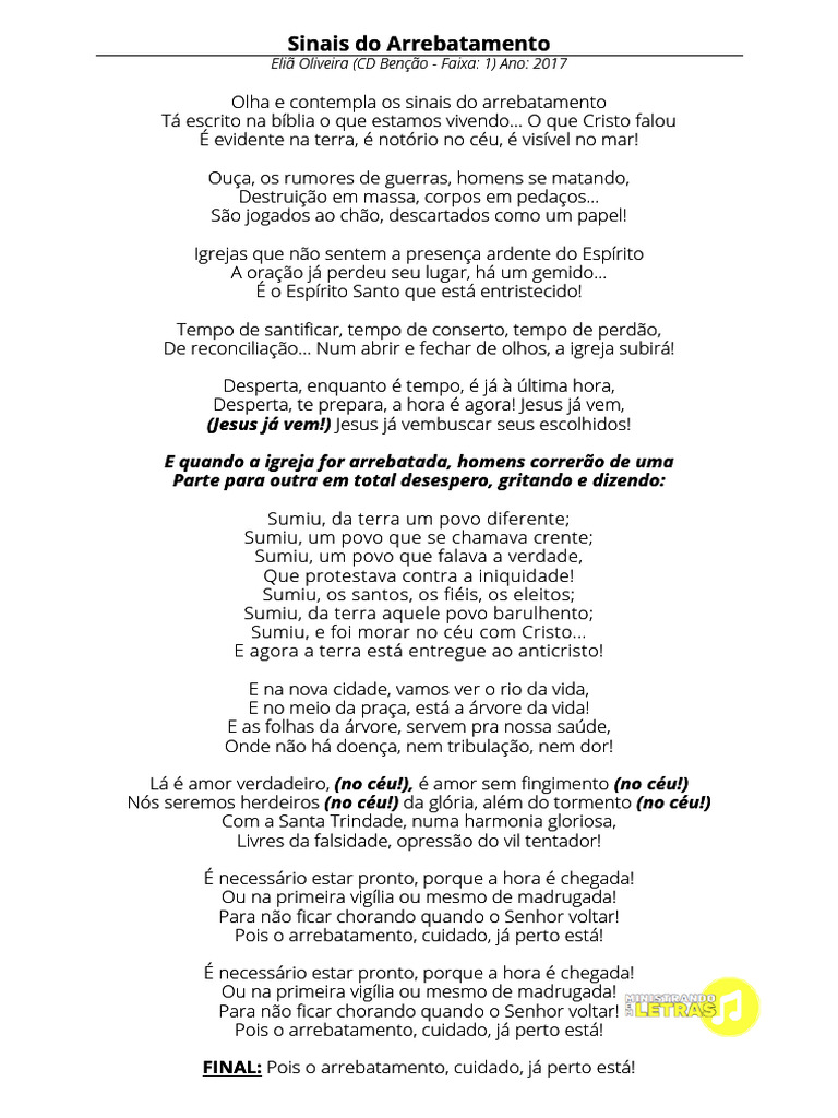 Letra Sinais do Arrebatamento - Eliã Oliveira | PDF | Arrebatamento ...