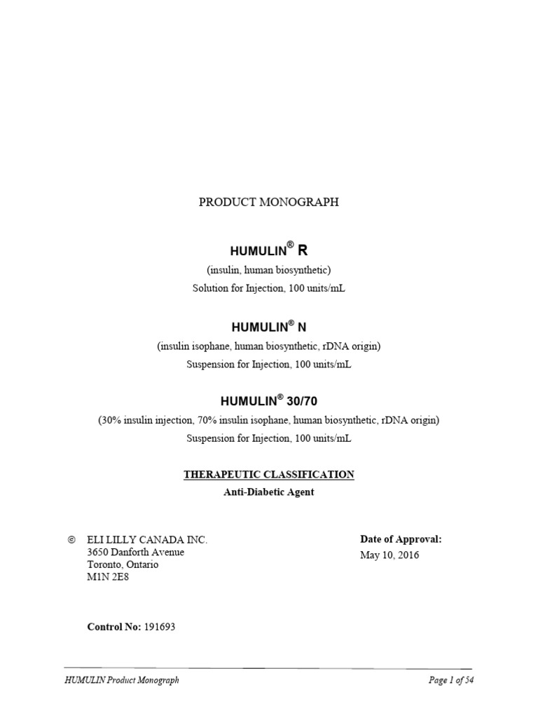 Product Monograph: Humulin | PDF | Hypoglycemia | Insulin