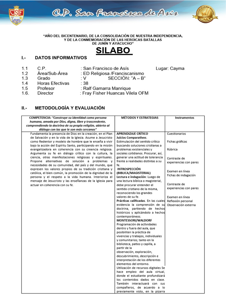 Silabo 2024 V GRADO FRANCISCANISMO | PDF | Salón de clases | Iglesia ...