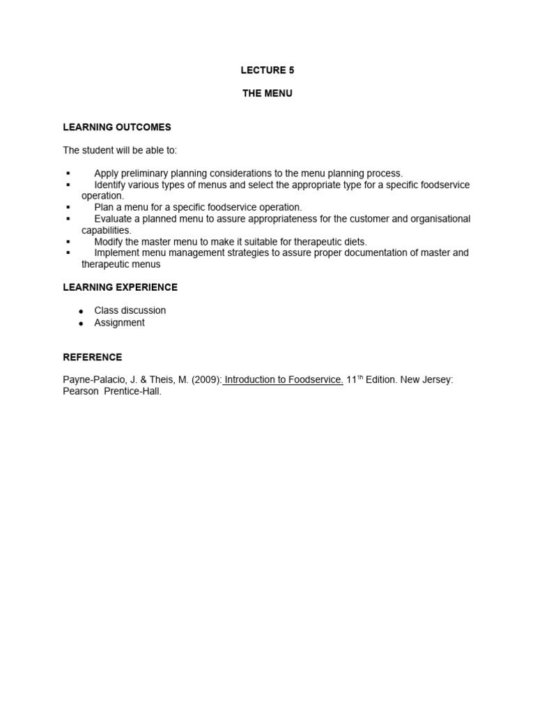 Lecture+5+-+THE+MENU+ 1 | PDF | Menu | Entrée