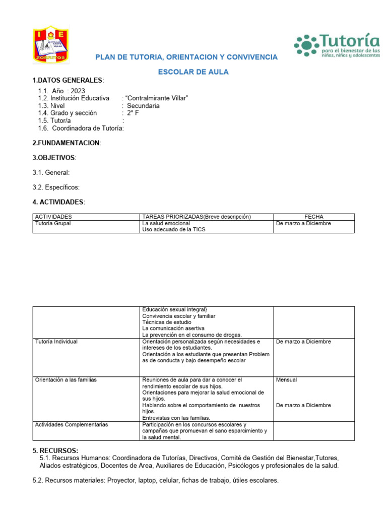 Plan de Tutoria 2024 | PDF | Las emociones | Salón de clases