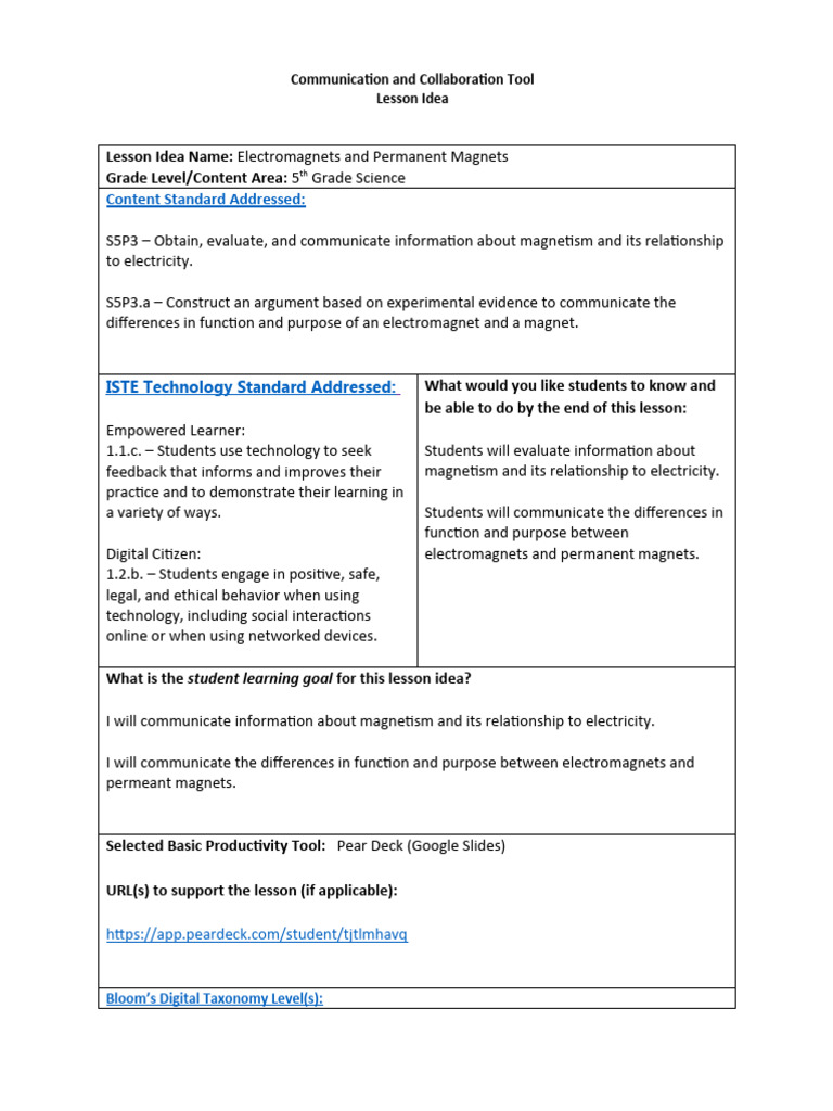 Electromagnets Lesson Plan for 5th Grade | PDF | Collaboration | Learning