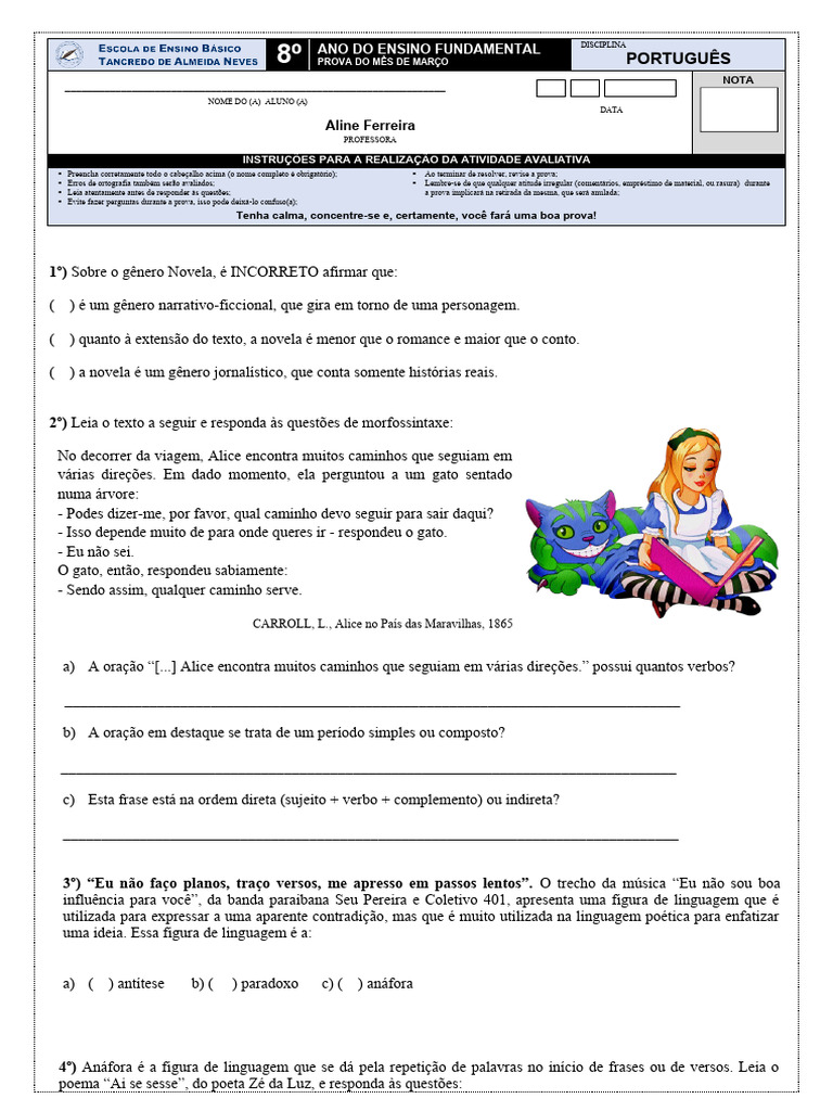 Prova de Português - 8 Ano - Março 2024 | PDF | Assunto (gramática ...