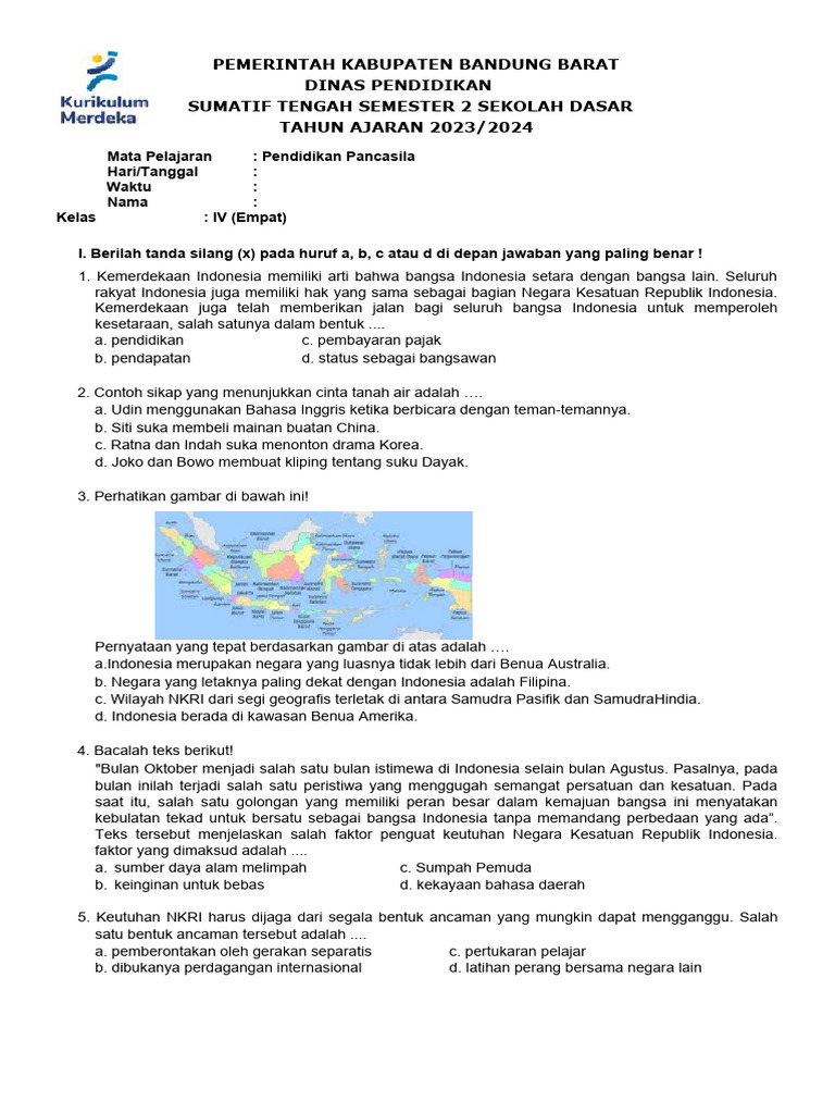 Soal Pts Pendidikan Pancasila Kelas 4 Semester 2 Kurikulum Merdeka T A