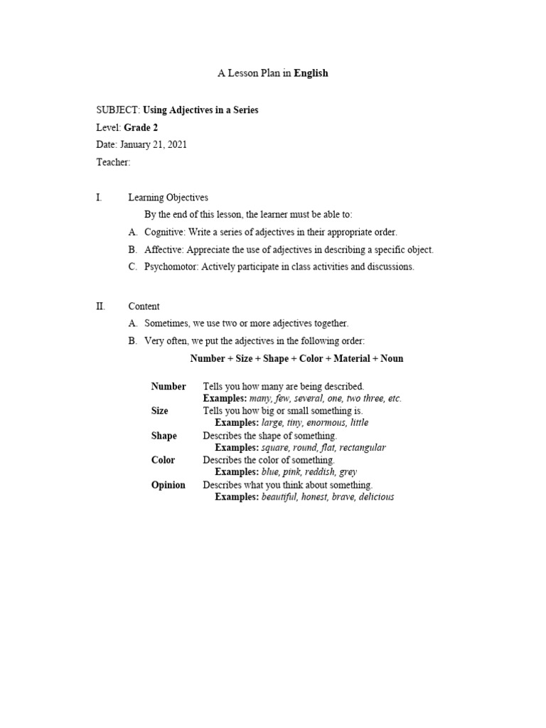Grade 2 Adjective Lesson Plan | PDF | Adjective | Learning