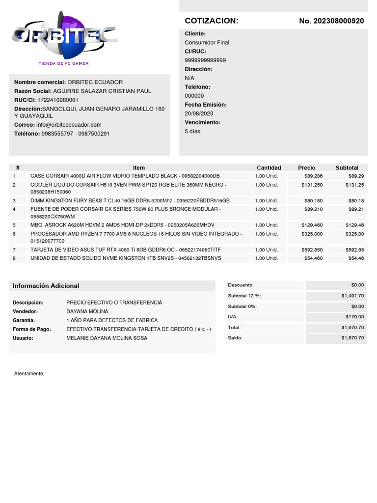 Cotización ORBITEC ECUADOR - 2023 | PDF | Hardware de la computadora