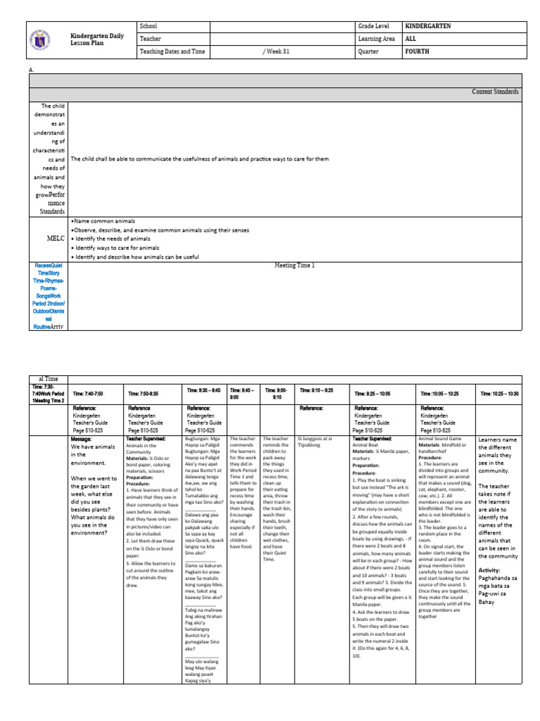 Kindergarten Animal Lesson Plan | PDF | Language Arts & Discipline