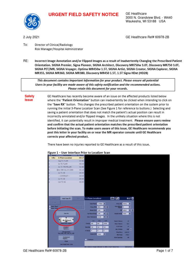 GE MR Image Flip Safety Recall 2021 PDF Resonance Imaging