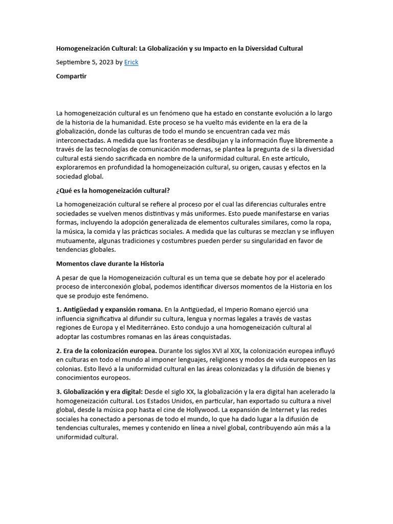 Homogeneización Cultural Descargar gratis PDF Globalización