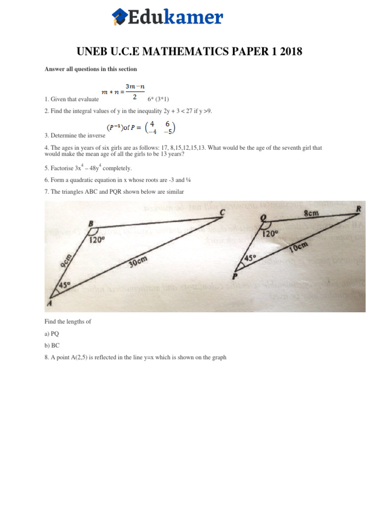 UCE Mathematics Paper 1 2018 Solutions | PDF | Cartesian Coordinate ...
