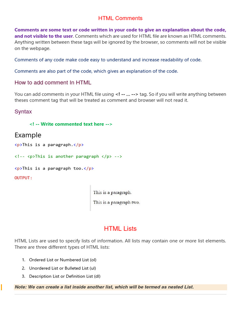 HTML Comments,List | PDF | Html Element | Html