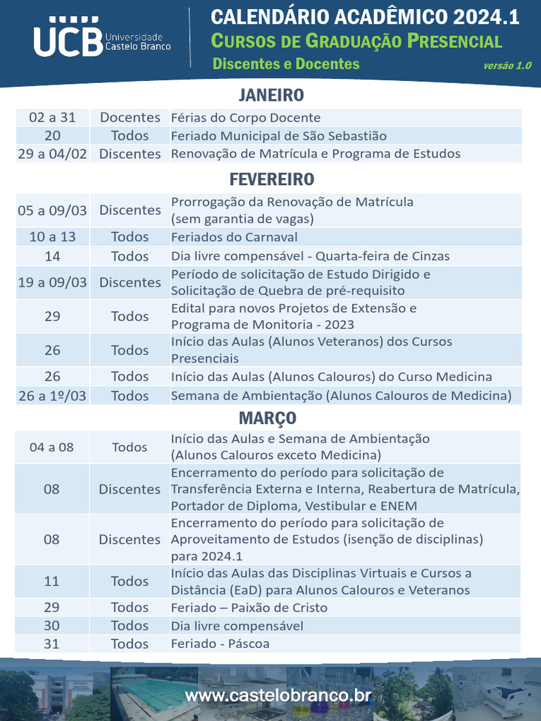 Calendário Acadêmico Unificado UCB 20241 240120241 PDF
