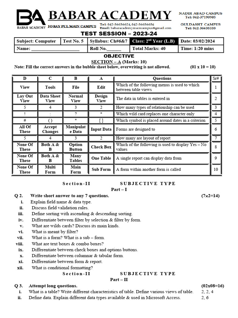 TEST NO. 5 (CHAPTER NO. 6 & 7) 2nd Year | PDF | Computer Science ...