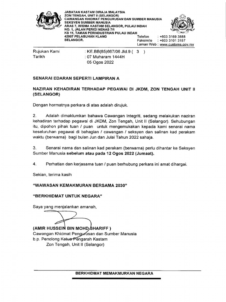 Naziran Kehadiran Pegawai Jkdm Zon Tengah Unit II Selangor PDF