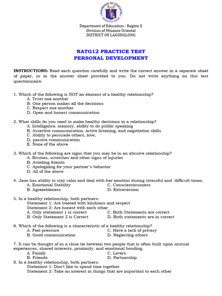 NATG12 Personal Development Practice Test | PDF | Family | Leadership