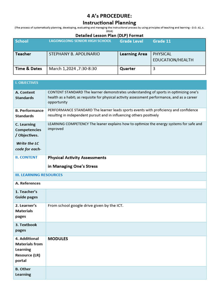 LESSON PLAN TEMPLATE FOR PE Ed March 8 2024 PDF Learning