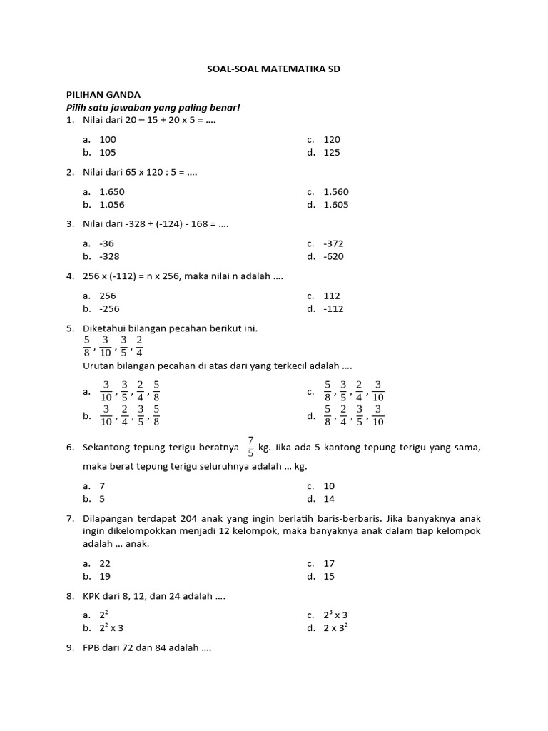 Soal Soal Matematika Sd Pdf