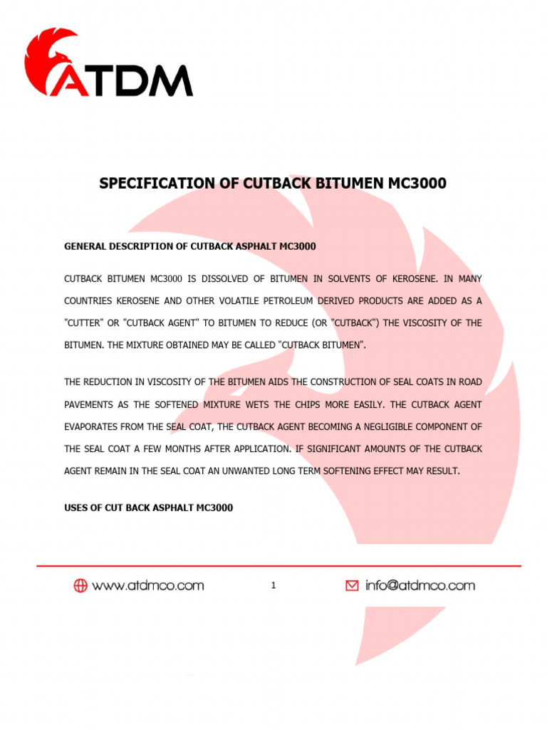 Cutback Bitumen MC3000 Specifications | PDF | Road Surface | Chemical ...