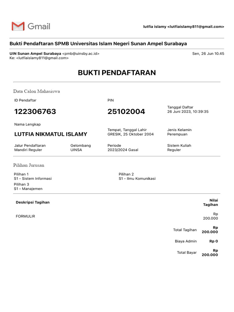 Bukti pendaftaran spmb universitas islam negeri sunan ampel surabaya pdf