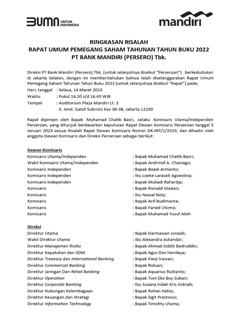 Risalah RUPS Tahunan Bank Mandiri 2023 | PDF
