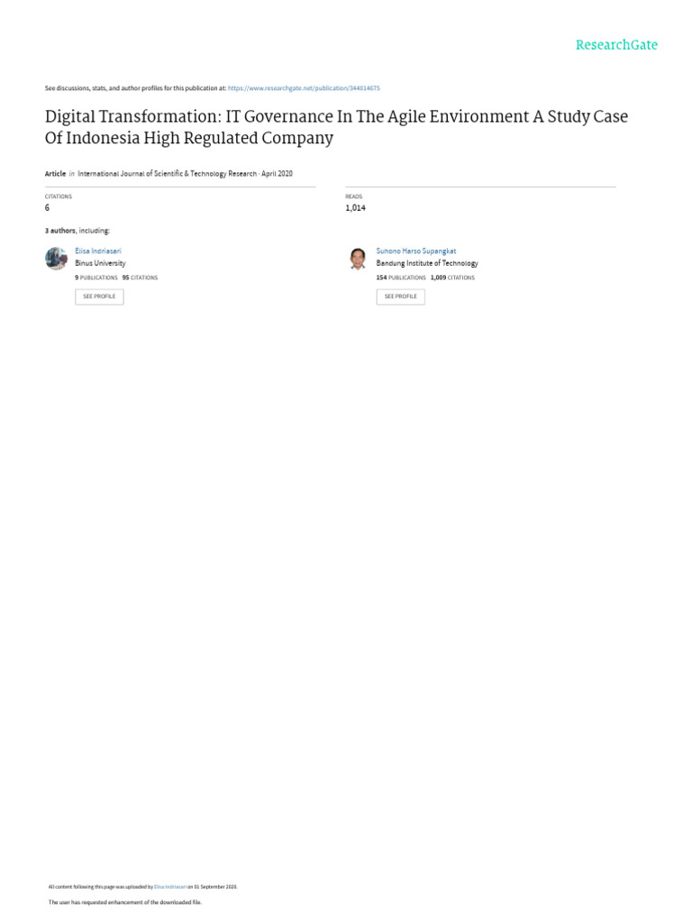 Digital transformation it governance in the agile environment a study