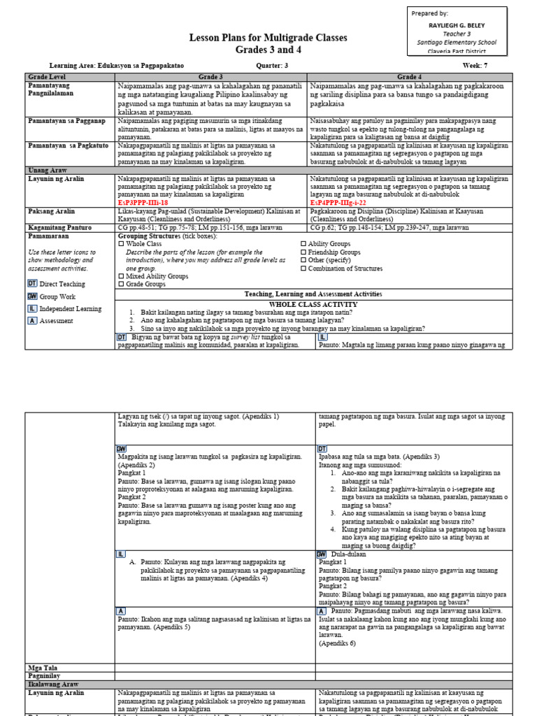 Lesson Plans For Multigrade Classes Grades 3 and 4: Teacher 3 Santiago ...