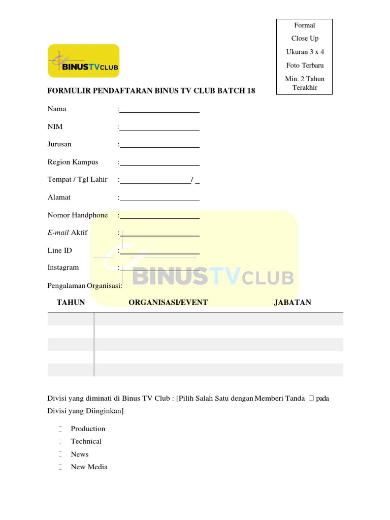 Formulir pendaftaran binus tv club batch 18 pdf