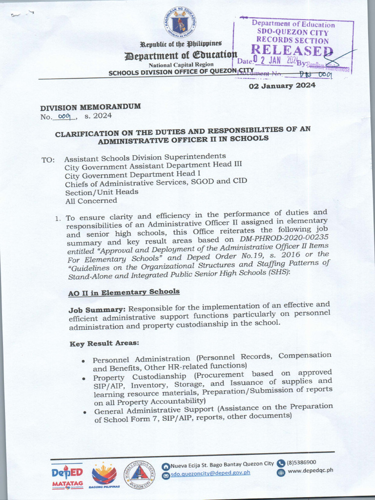Division Memorandum No. 009 S. 2024 Clarification of The Duties and ...