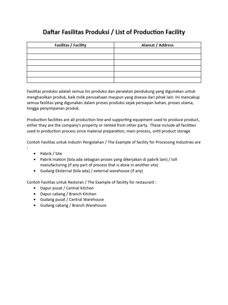 Daftar Fasilitas Produksi Perusahaan | PDF | Bisnis | Komputer