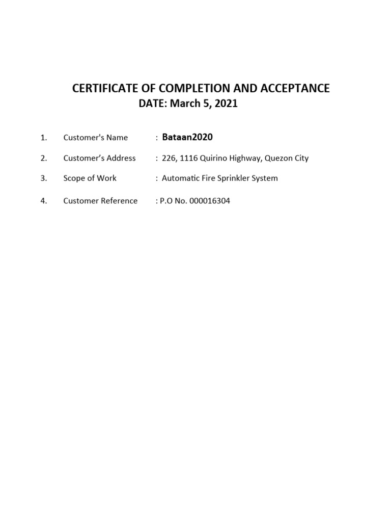 Certificate of Completion and Acceptance DATE March 5, 2021 PDF