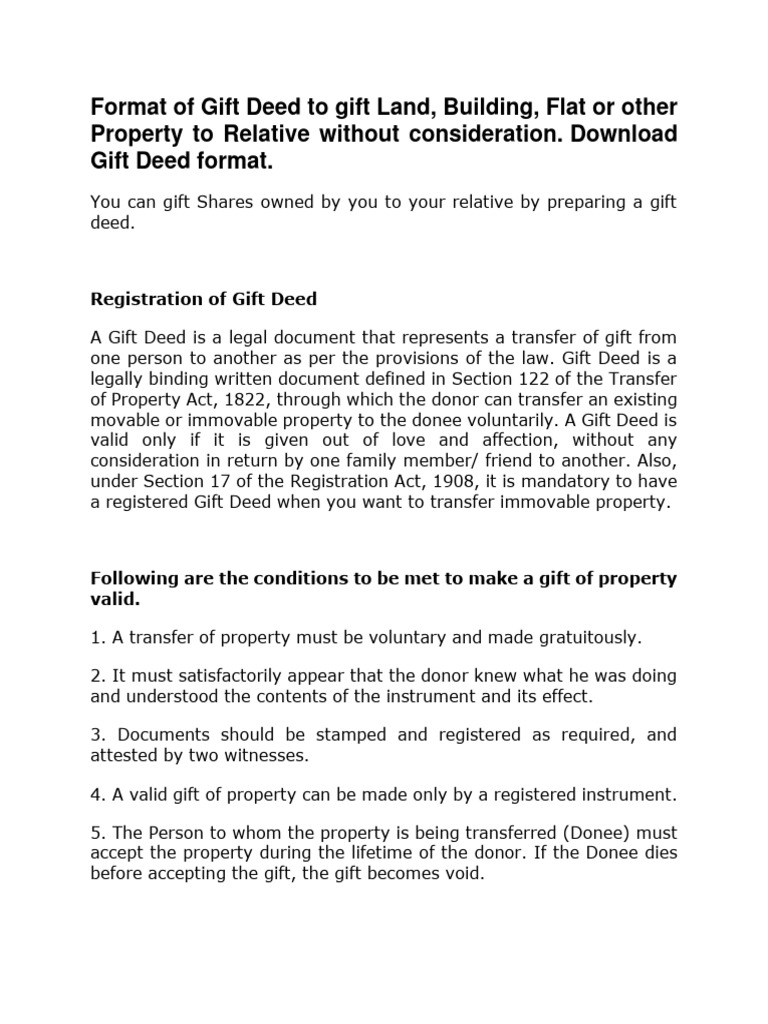 Gift Deed Format for Property Transfer | PDF | Deed | Property