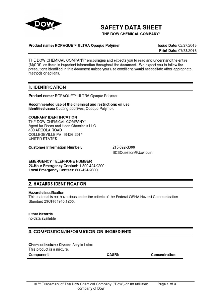 MSDS Styrene Acrylic Latex PDF Toxicity Firefighter