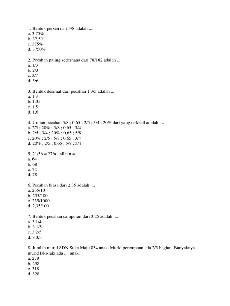Soal Pecahan dan Rasio Kelas 6 | PDF | Griya & Taman