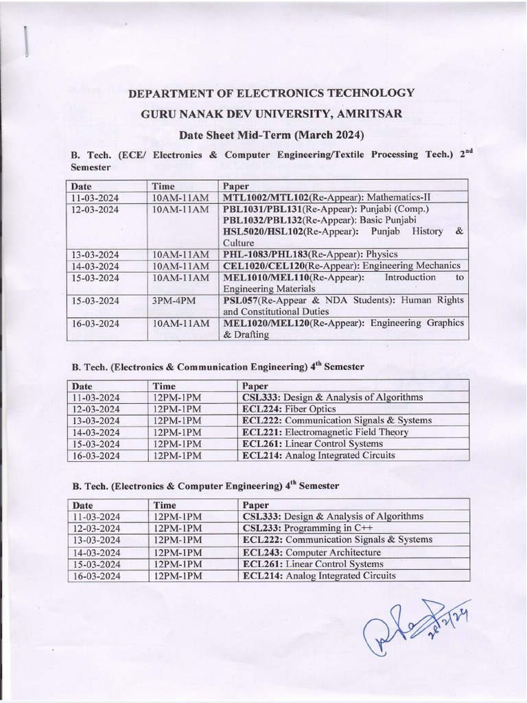 Date Sheet Mid Term March 2024 | PDF