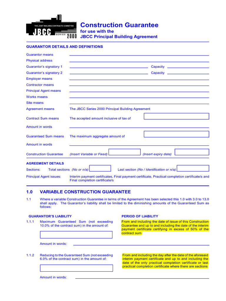 JBCC Construction Guarantee S2122.August 2007 PDF Guarantee Surety