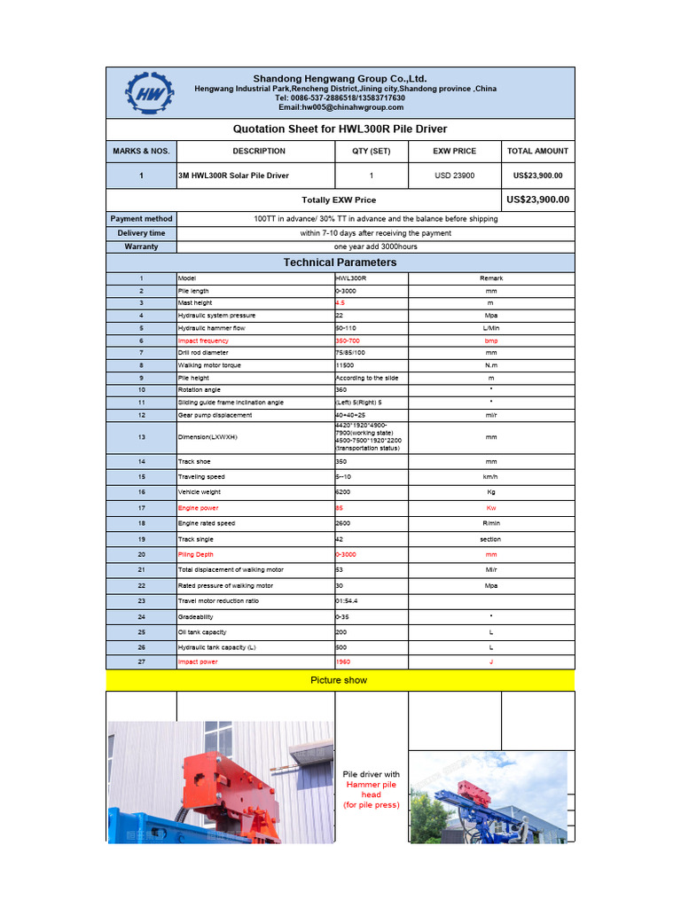 Solar Pile Driver Quotation HWL300R From Lily in HENGWANG | PDF ...