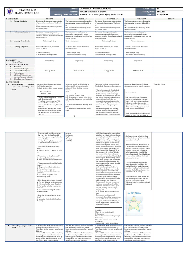 Grade 3 English Daily Lesson Log | PDF | Reading Comprehension | Learning