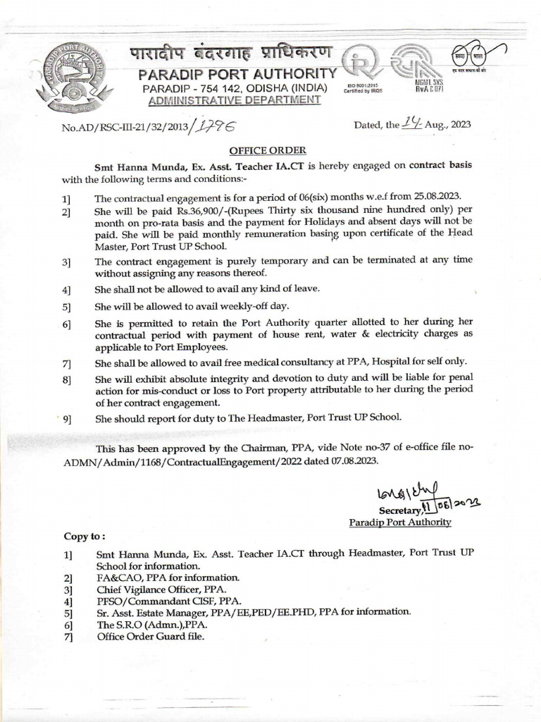 Engagement Order Dated 14-08-2023 | PDF