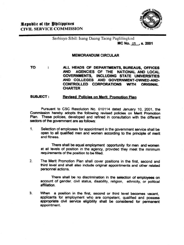 2001 MC No. 3 (Revised Policies On Merit Promotion Plan) | PDF