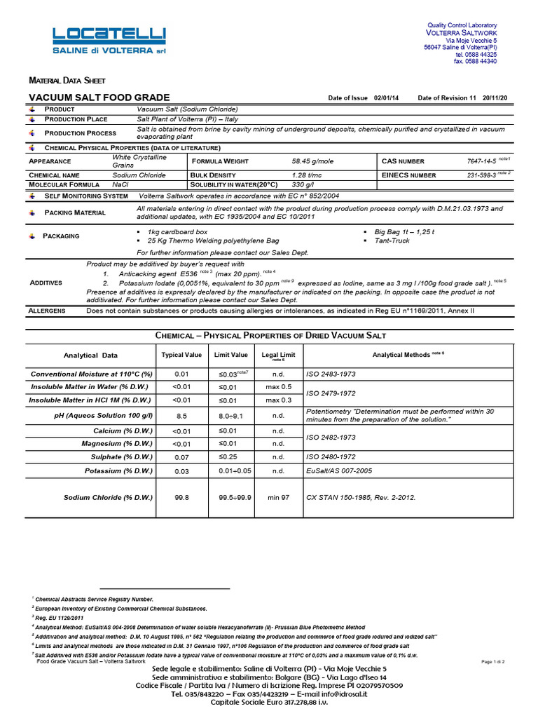 Food Grade Vacuum Salt Specifications | PDF | Salt | Sodium Chloride