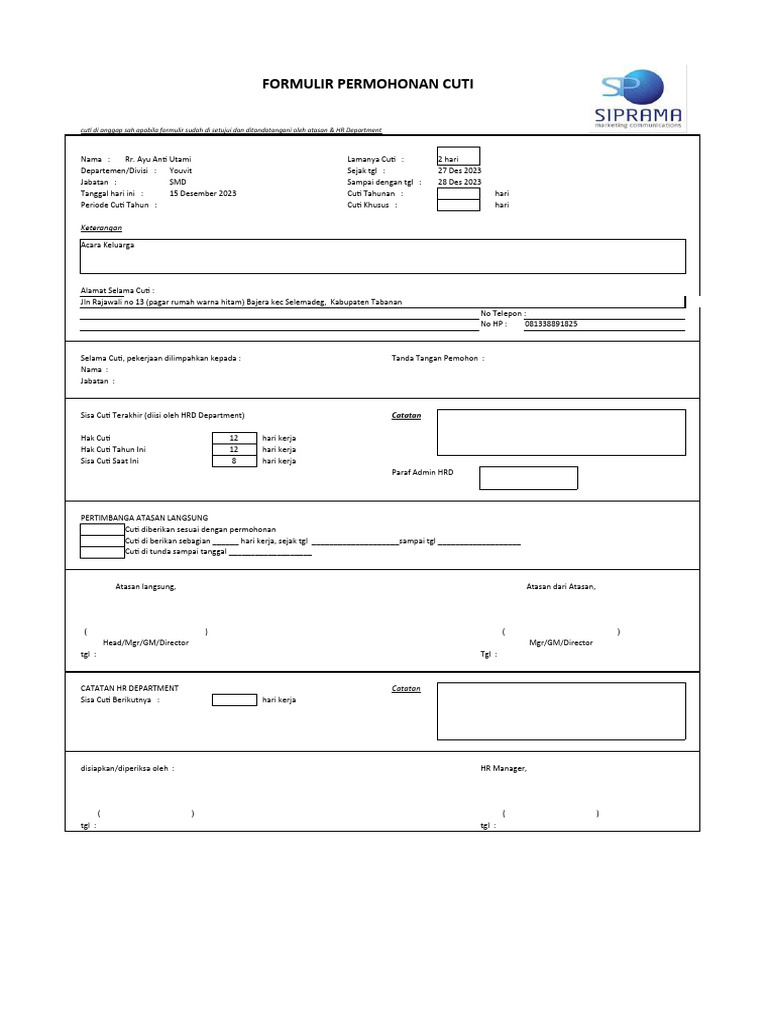 Formulir Permohonan Cuti Karyawan | PDF