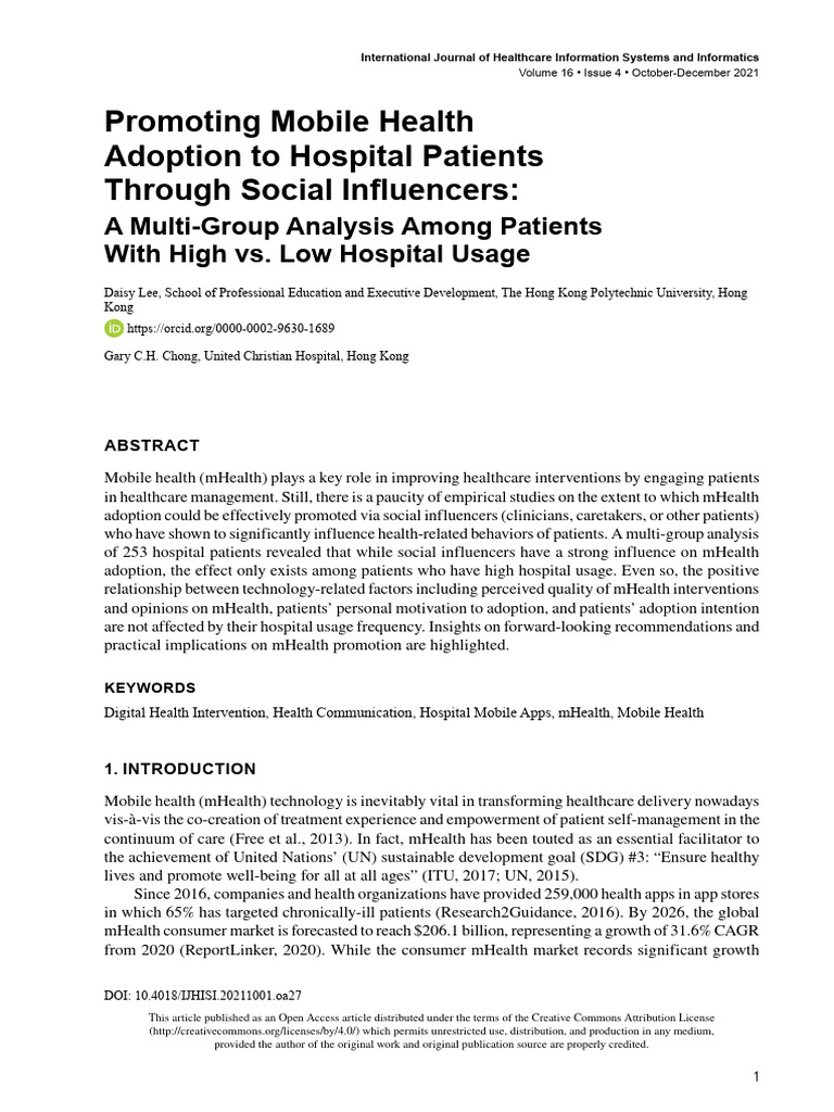 Promoting Mobile Health Adoption To Hospital Patients Through Social Influencers PDF Health
