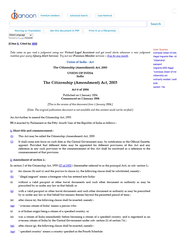 Citizenship Amendment Act 2003 Overview | PDF | Oath Of Office ...